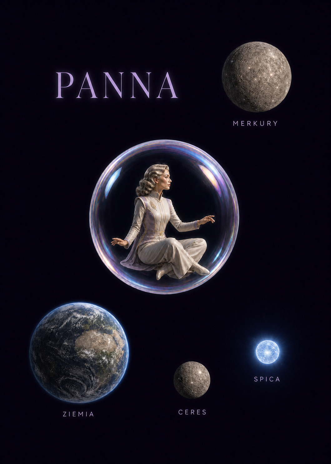 Artystyczna ilustracja archetypu Panny z Merkurym, Ziemią, planetą karłowatą Ceres i gwiazdą Spica